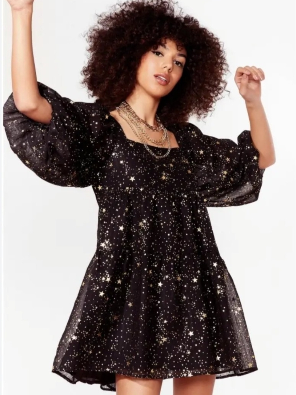 Nasty Gal Black Mini with Gold Star Print And Tie Back Babydoll Dress